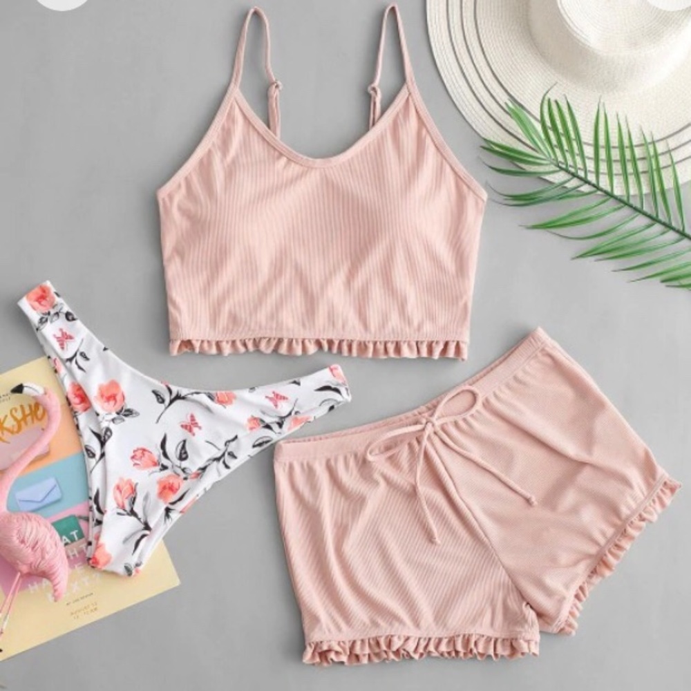 swim set: tankini top, bikini bottoms, shorts